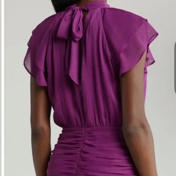 Mila Mae Plum Ruched Chiffon Maxi Dress Flutter Sleeves Lined Flowy Dress-EE9 - Picture 5 of 10